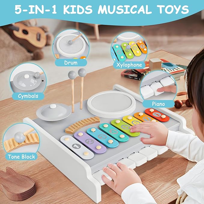 Kids Musical Instruments Piano Drum Set - 5 in 1 Montessori Toys for Toddler Baby, Wooden Music Kit with Piano Keyboard Xylophone, Preschool Educational Sensory Toys, Gifts for Boys Girls