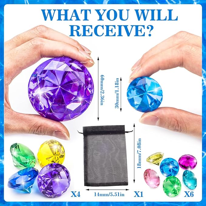 10pcs Extra Large Diving Gems for Pool for Kids,4pcs 60mm Oversized Diamonds and 6pcs 30mm Acrylic Gems Pirate Treasures,Swimming Pool Toys Favors and Sensory Bin Filler