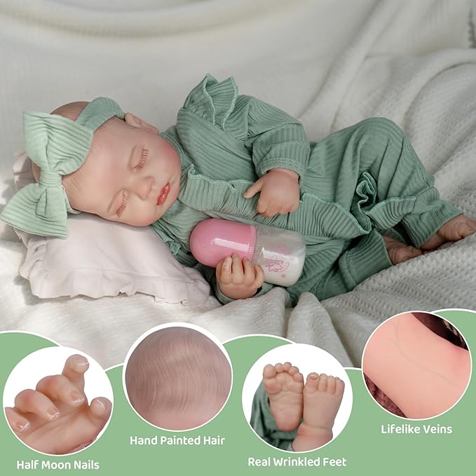 Jirachi Lifelike Reborn Baby Dolls, 18 Inch Real Life Soft Body Sleeping Newborn Baby, Realistic Reborn Baby Girl with Toy Accessories for Girls Green