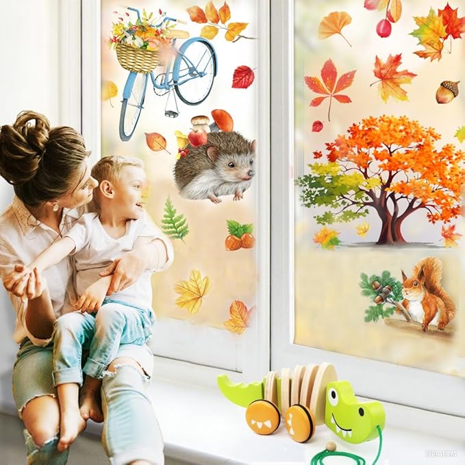 Fall Window Clings 9 Sheets Large-Size Window Clings for Glass Windo Decoration Autumn Leaves Animals Woodland Thanksgiving Decor Home Bedroom Nursery Room Windo Decals