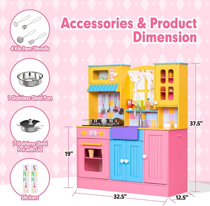Kids Kitchen Playset, Wooden Pretend Play Kitchen for Kids w/Faucet, Sink, Stove, Oven, Curtains, Cookware, Storage Cabinets, Toddler Role Play Toy Kitchen Set Gift for Girls Boys Ages 3+