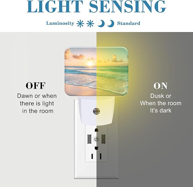 Sunrise Over Beach Plug in Night Lights, Beautiful Beach Nightlight Plug Into Wall Dusk to Dawn Sensor for Kid Girls Boys Women Men Bedroom, Hallway, Kitchen, Bathroom, Stairs Decor