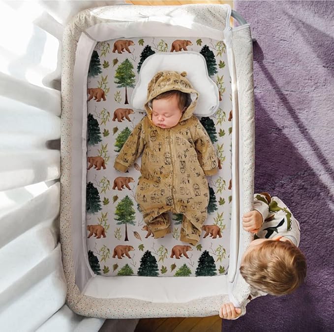 Pack n Play Sheets, BROLEX 2 Pack Mini Crib Sheets,Stretchy Portable Fitted Playard Sheet Set, Convertible Playard Mattress Cover,Ultra Soft Breathable Material,Brown & Polar Bears