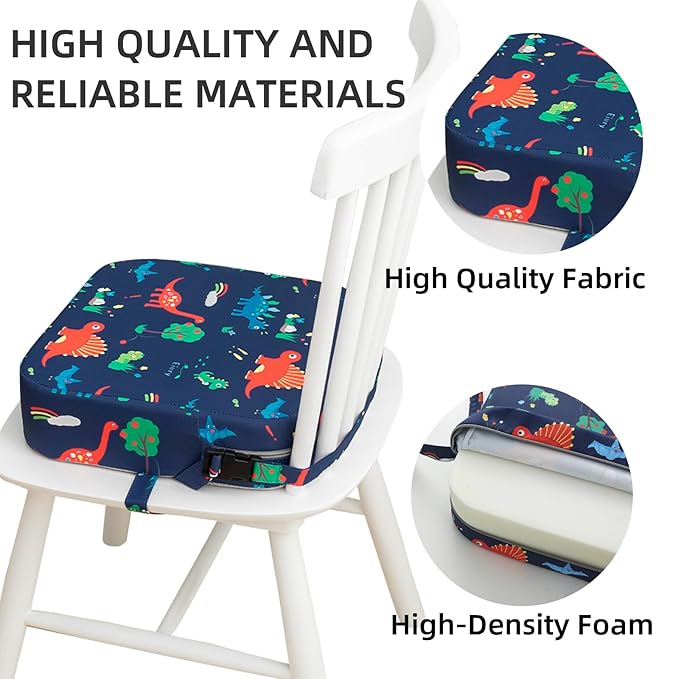 Toddler Booster Seat for Dining Table, Portable Kids Booster Seat with Safety Buckles Portable Increasing Booster Cushion with Non-Slip Bottom (Blue Dinosaur)