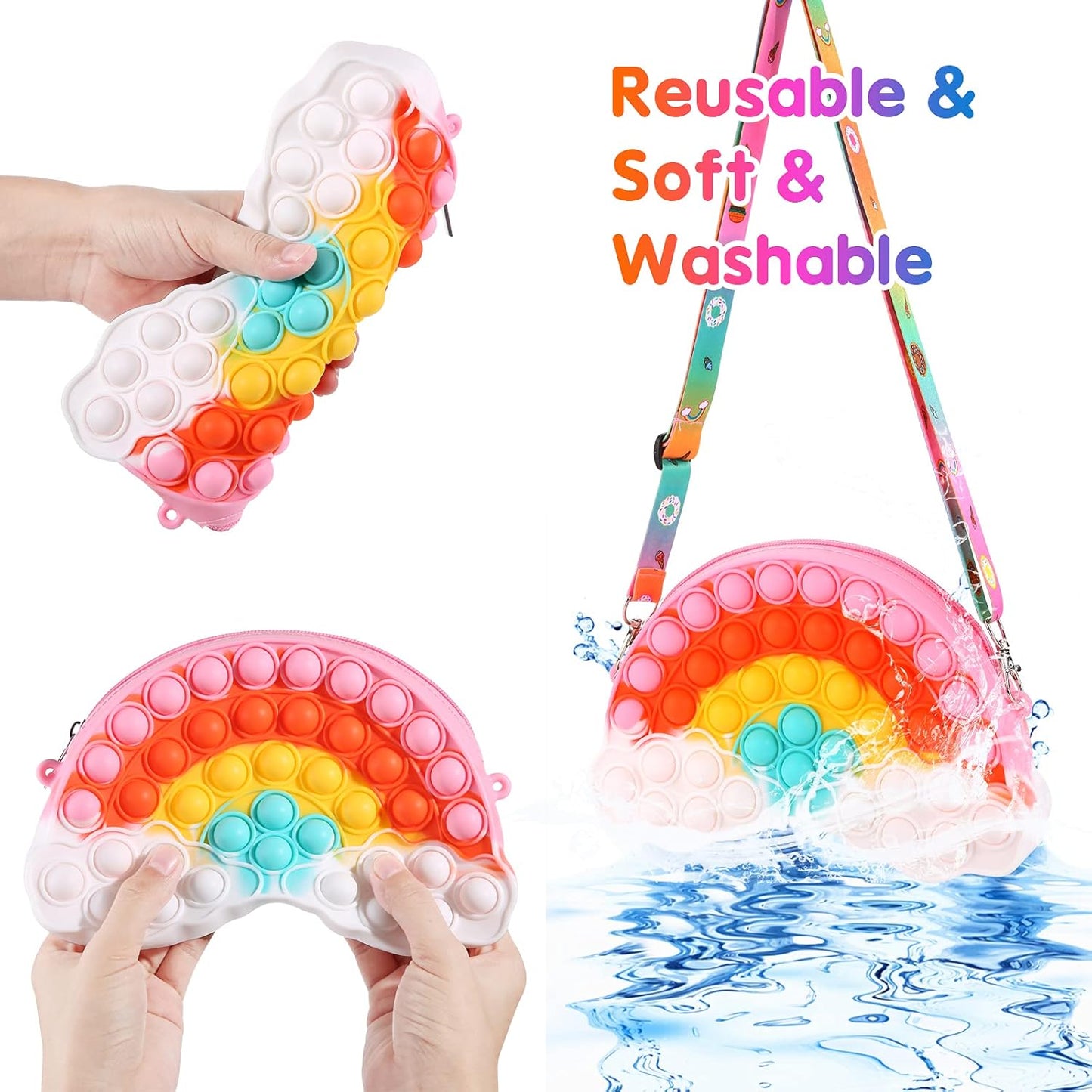 Pop Shoulder Purse Fidget Toys Bag for Girls and Women, Rainbow Clouds Pop Shoulder Bag, Sensory Silicone Fidget Backpack Toy for ADHD Anxiety Stress Relief