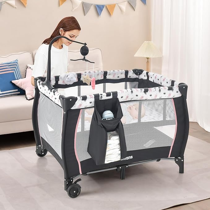 INFANS 3 in 1 Pack and Play, Portable Travel Baby Crib Bassinet with Detachable Mattress, Newborn Changing Table, Foldable Playpen with Carry Bag and 2 Wheels (Cartoon)