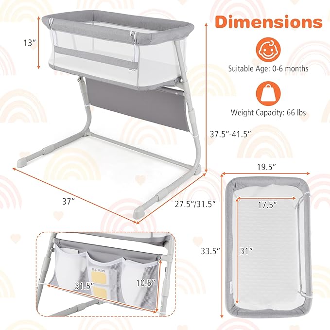 BABY JOY Bassinet, Bedside Crib w/Adjustable Height, Comfy Mattress, Full-Mesh Sides and Storage Pockets for Newborns Infants, Baby Bassinets Bedside Sleeper for Safe Co-Sleeping