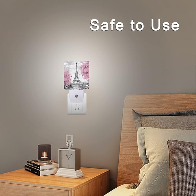 Eiffel Tower Paris Pink Flower Night Light Plug-in LED Nightlights Auto Sensor Night Lamp Dusk-to-Dawn Lamp Home Decor for Nursery Children Girls Boys
