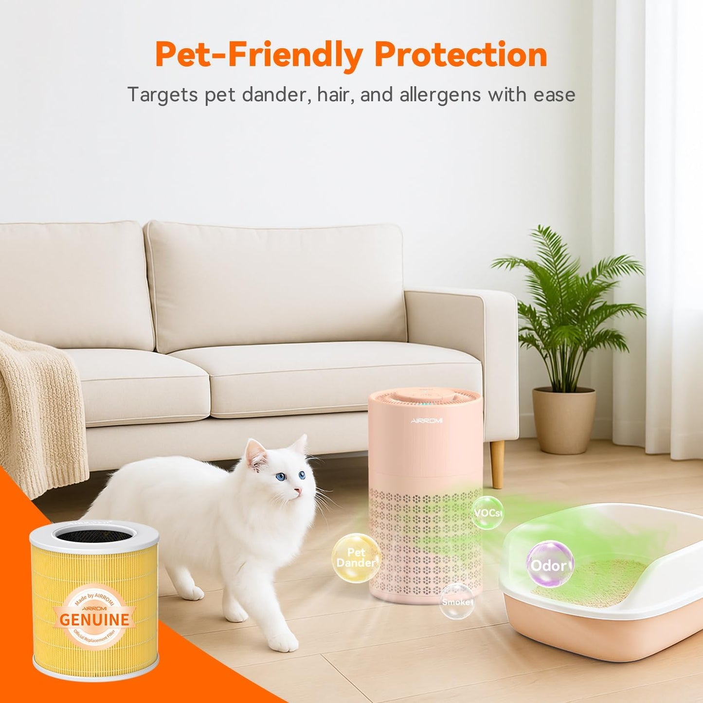AIRROMI Air Purifier for Bedroom with HEPA 3-in-1 Filter, Pet Air Purifier for Home Cat Pee Smell, Covers Upto 990 Ft², Quiet 360°intake Air Cleaner for pet hair,allergies,Dust,Smoke A2001 Orange