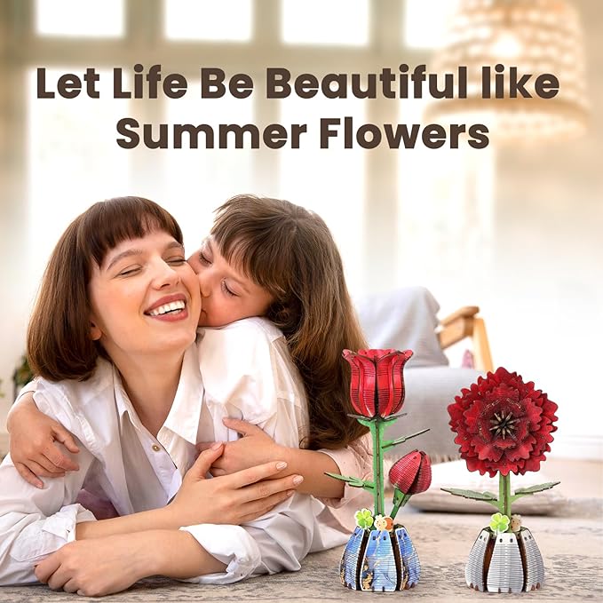 Jege 3D Flowers Wooden Puzzles for Adults,DIY Wooden 2 Flowers per Kit Building Set for Home Decor, Creative Craft Gift Toys Kits with 2 Perfume Bottles and Diffuser Sticks (Rose + China Rose)