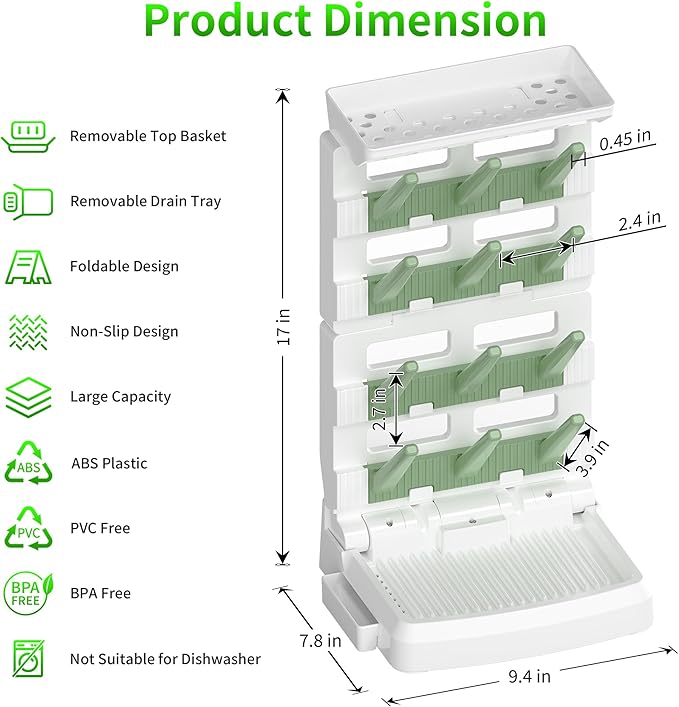 Baby Bottle Drying Rack for 12 Bottles, Space Saving Countertop Vertical Standing Bottle Dryer Rack for Baby Accessories & Pump Parts （Large White&Green）