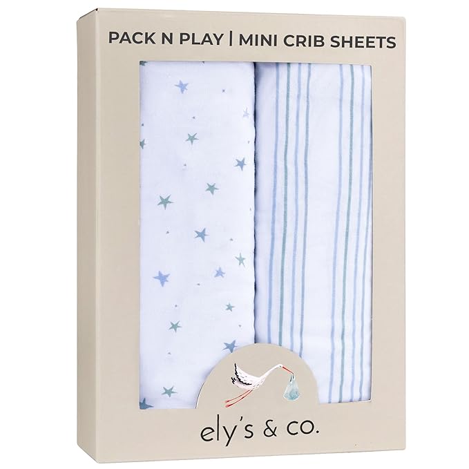 Ely’s & Co. Pack and Play Sheets, for Mini/Portable Crib, 2 Pack Fitted Playpen Play Yard Sheet Set Compatible with Graco Pack n Play, for Baby Boys, 100% Cotton, Blue Stars and Stripes, 38”x24”x5”