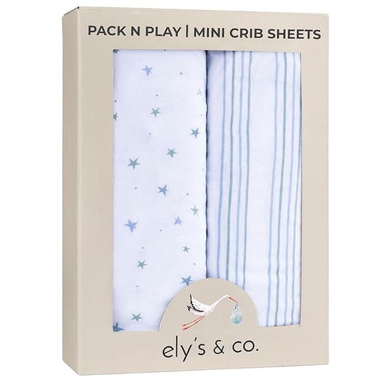 Ely’s & Co. Pack and Play Sheets, for Mini/Portable Crib, 2 Pack Fitted Playpen Play Yard Sheet Set Compatible with Graco Pack n Play, for Baby Boys, 100% Cotton, Blue Stars and Stripes, 38”x24”x5”