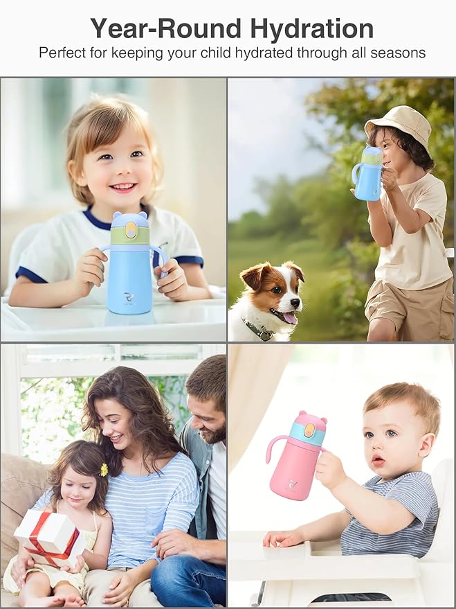 12oz Kids Insulated Water Bottle Double-Wall Vacuum Kids Water Bottle with Hygiene Silicone Straw Blowout-Proof Lid Insulated No BPA Durable Stainless Steel