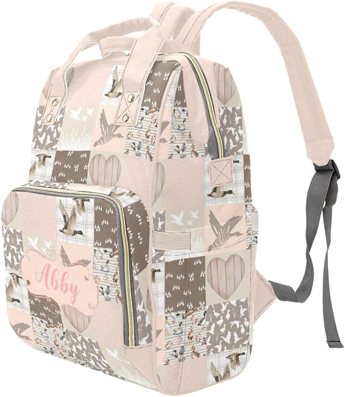Custom Mallard Pink Baby Diaper Bag with Name – Personalized Nursing Travel Tote Backpack for Mom or Dad, Custom Name Baby Daypack Gift