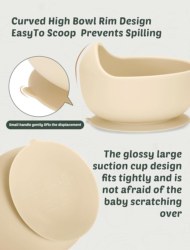 Silicone Baby Feeding Set 9 Pcs, Spill-Proof Suction Plate, Bowl, Bib, Silicone spoon&forks, Wooden Spoons&forks, Training cup with straw and Sippy Cup, Baby Eating Utensils (Green)