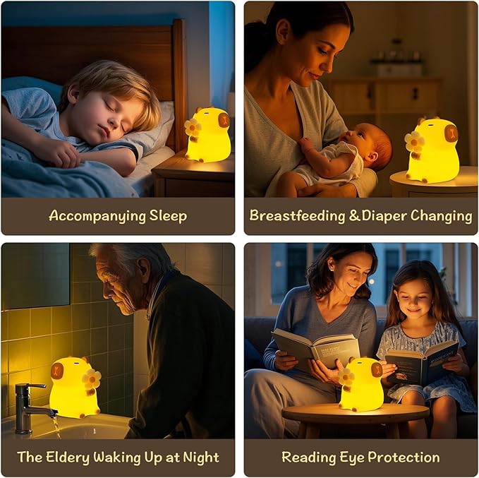 Capybara Night Light, Nursery Lamp, 7-Color RGB & 3-Level Warm Dimmable Warm, Tap Control, 30Min Timer, 100% Safe &Soft Silicone, Adorable, Soothing Ambiance, Gift for Kids, Detachable Flower