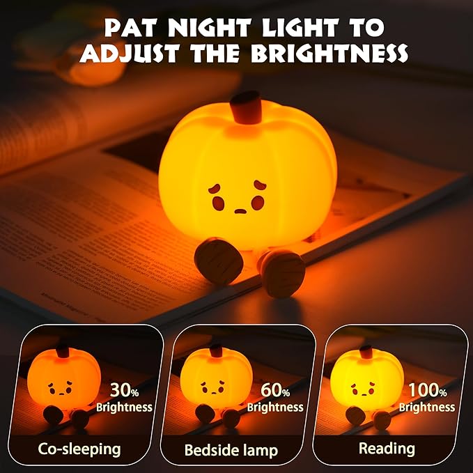 Pumpkin Night Light, Cute LED Lamp, Silicone Dimmable Nursery Nightlight for Kids, Silicone Rechargeable Bedside Touch Lamp, Funny Office Desk and Halloween Decor for Woman and Kids