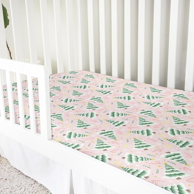 Pink Winter Forest Baby Crib Sheets 52''x28'' Christmas Trees Candy Snowflakes Snug Fitted Crib Mattress Cover for Boy Girl Green Pine Forest Soft Baby Bed Sheet for Standard Crib Toddler Mattress