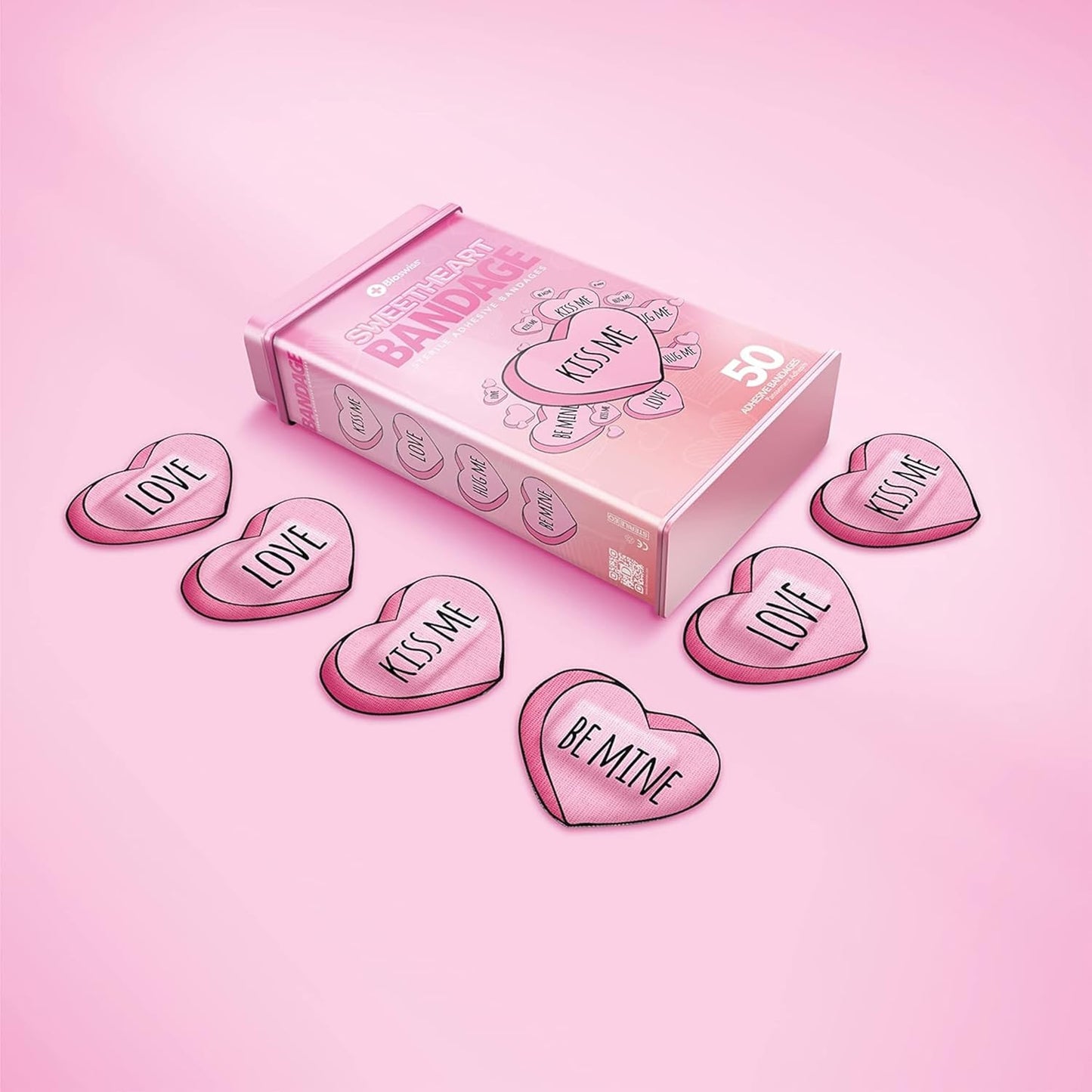 BioSwiss Bandages, Valentine Heart Shaped Self Adhesive Bandage, Latex Free Sterile Wound Care, Fun First Aid Kit Supplies for Kids, 50 Count