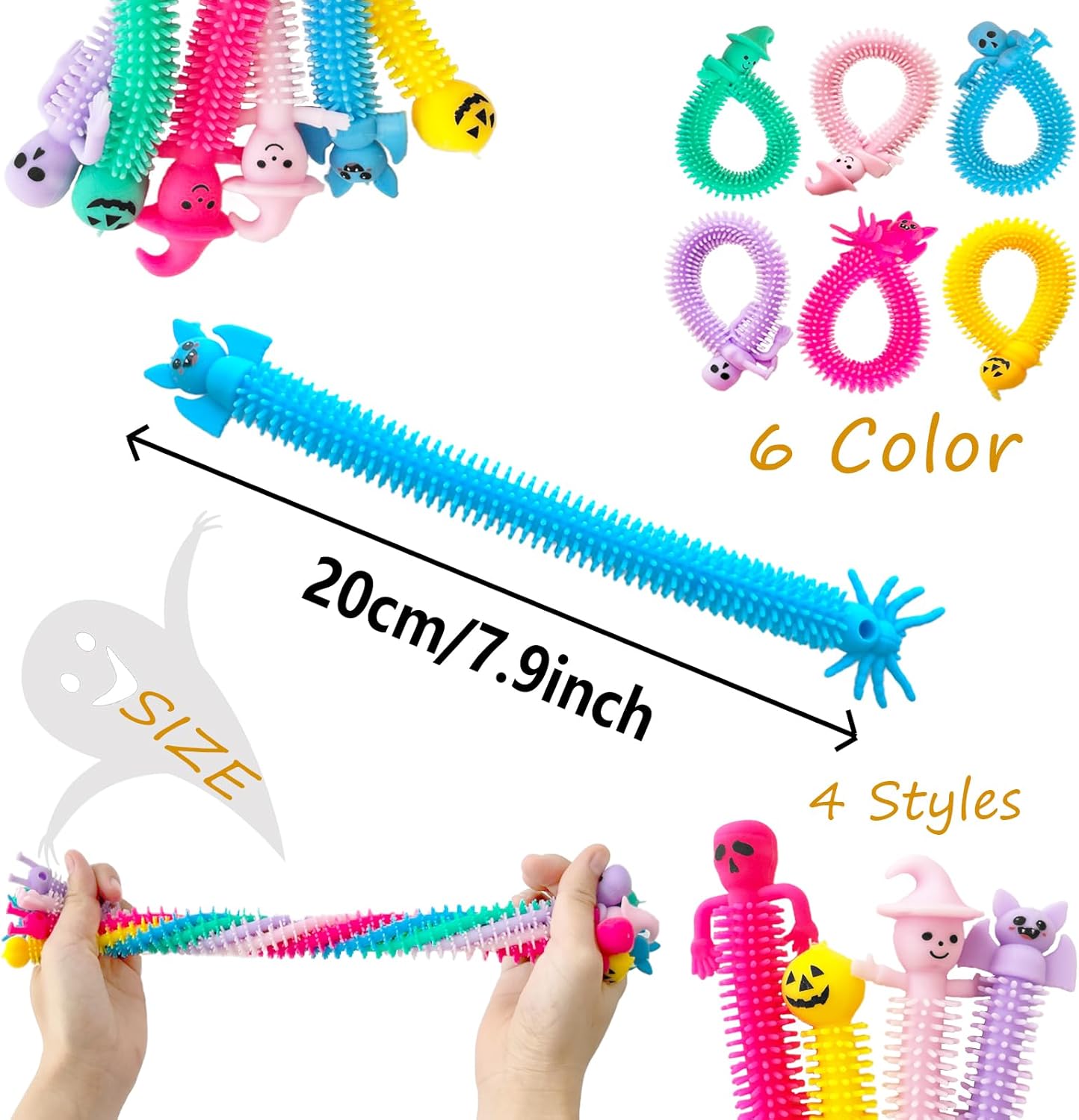 50 Pack Halloween Stretchy Strings Fidget Toy,Stress Relief and Anti-Anxiety Toy,Colorful Sensory Plaything with Witch Pumpkin Ghost Bat for Kids,Gifts,Party Favors,Adults,Boys,Girls