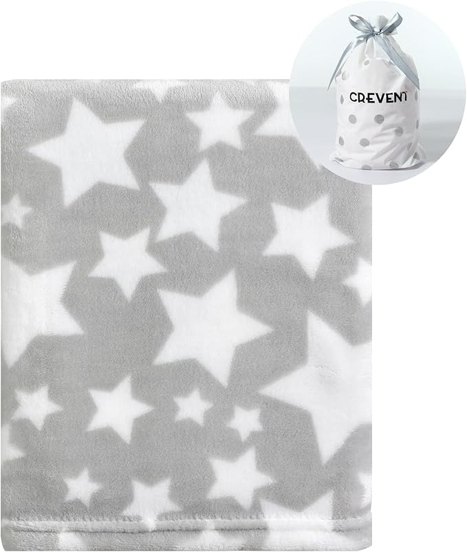 CREVENT 30"X40" Cozy Soft Warm Fleece Baby Blanket for Girls Boys, Newborn Essentials for Infant, Baby Shower Receiving Gift - Star Grey 75X100cm