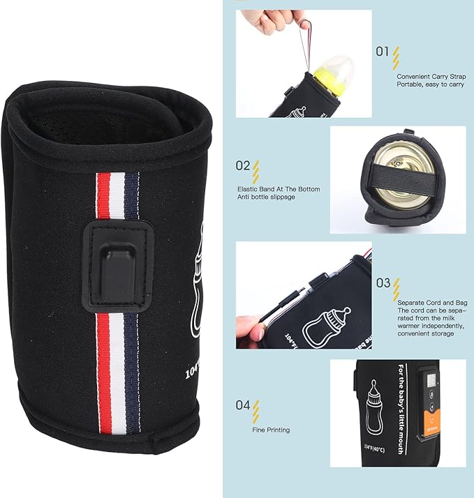 Sanpyl Milk Bottle Warmer, USB Powered Car Baby Bottle Heating Bag Travel Breast Milk Warmer with Temp Control and LCD Display, Evenly Heating for Indoor, Outdoor, Traveling, Driving