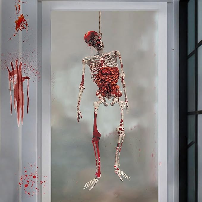 2 Sheets Halloween Window Clings Spooky Double-Sided Hang Bloody Female Ghost & Skeleton Designs Window Decals Decor for Halloween Home Office Party Glass Decoration Supplies