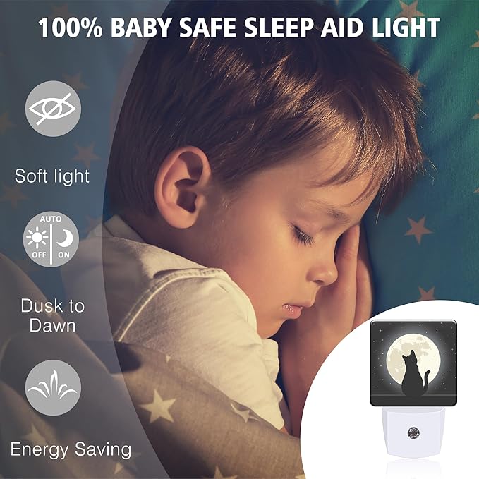 Black Cat Under The Moon Night Lights Plug into Wall for Girls Boys Room, Night Lights LED Lamp with Dusk to Dawn Sensor Nightlight for Bedroom Kitchen Bathroom Hallway Home Wall Decor