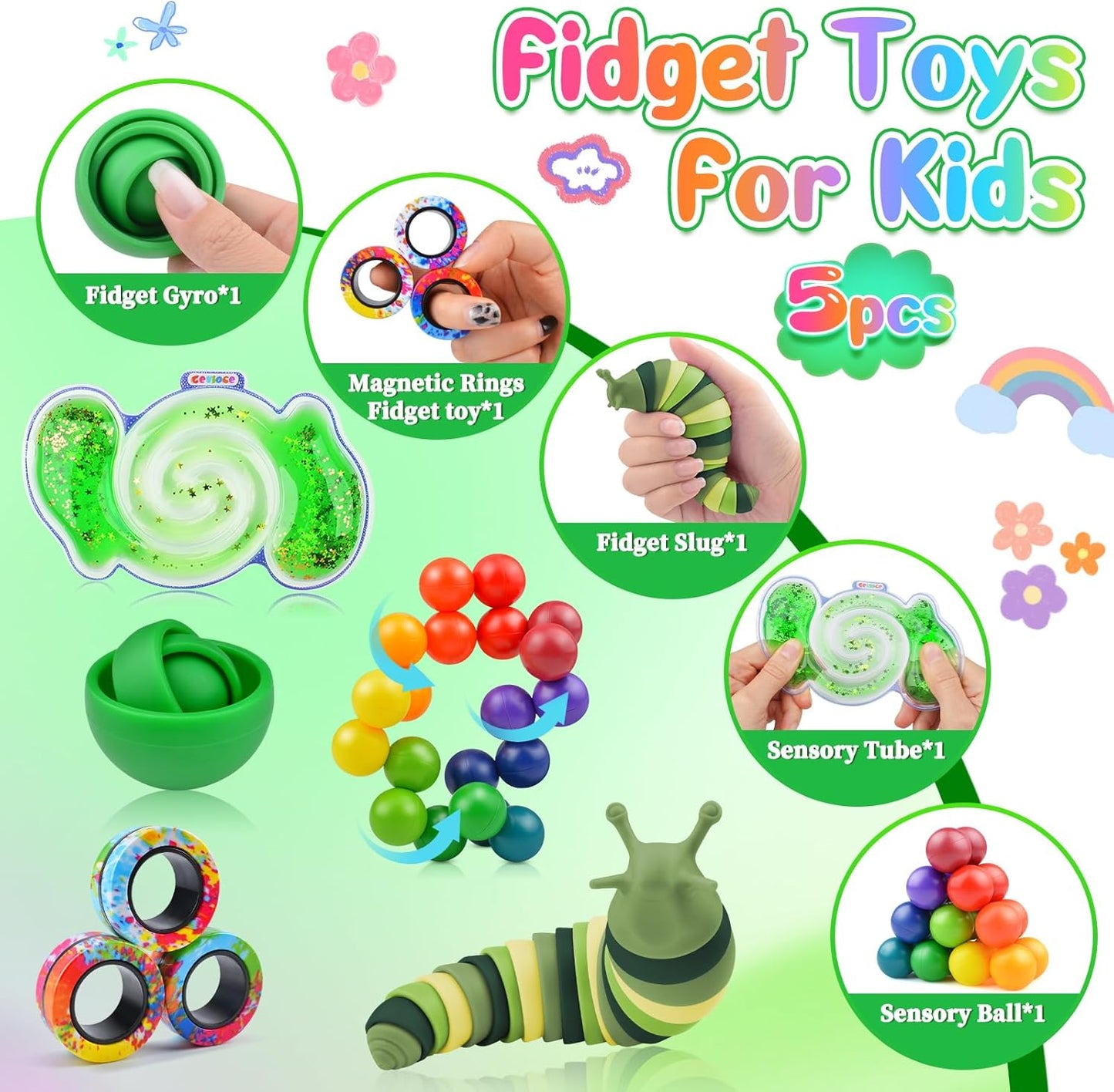 Cevioce 15Pcs Fidget Toys Adults Pack,Autism Sensory Toys with Fidget Spinner Slug Magnetic Rings,Squishy Figette Toys,Cool Gadget for Boys Teens ADHD Stress Relief,Basket Stuffer for Kids(BOG)