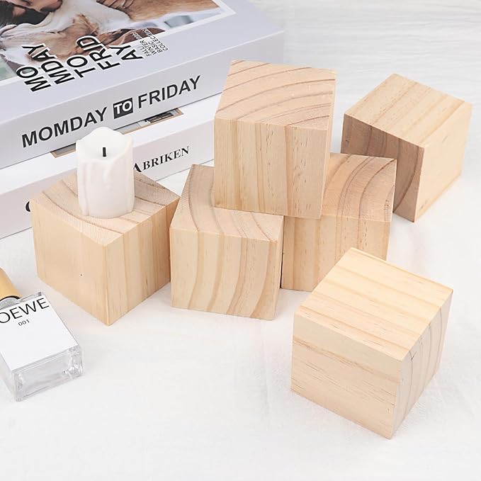 12 Packs Wooden Blocks for Crafts, 2.75 Inch Pine Wood Cubes, Wooden Cubes for Paint, Stamp, Decorate, DIY Projects and Personalized Gifts,by GNIEMCKIN