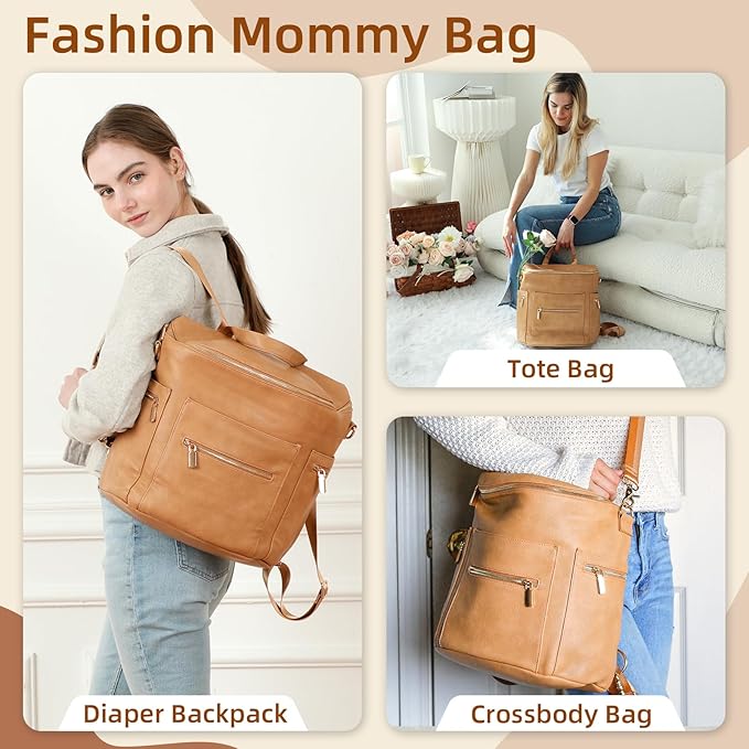 miss fong Diaper Bag Backpack Baby Diaper Bag, Large Leather Diaper Bag Backpack with 15 Pockets Diaper Bag Organizer, Changing Pad, Stroller Straps and 2 Insulated Pockets (Convertible, Peanut)