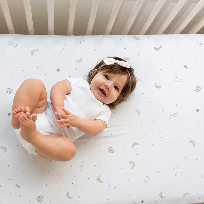 Crib Sheets Neutral - Fitted Baby Crib Sheets Bed for Girl Boy - 2 Pack Standard & Toddler Mattress (Galaxy, Moon, and Stars) - Buttery Soft Organic Cotton Blend