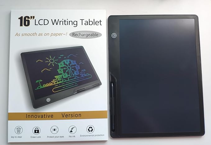 LCD Writing Tablet,16 Inch Colorful Screen Rechargeable Doodle Board Toddler Educational Toys for 3 4 5 6 Years Old Boys Girls Reusable Portable Drawing Tablet Christmas Toys Gifts for Kids (Black)