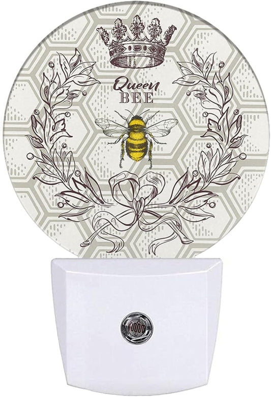EKOBLA Queen Bee Night Light - Round LED Wall Plug-in Nightlights with Auto Sensor, Dusk to Dawn Lighting for Bedroom, Hallway & Kitchen (Bee Theme)