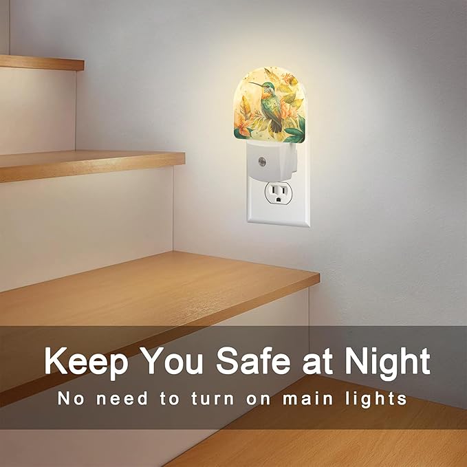 Hummingbird and Tropical Flowers Night Light for Kids,Watercolor Floral Bird Night Light Plug in with Dusk to Dawn Sensor,0.5w Energy Saving Nightlight for Hallway Stairway Kitchen Bedroom