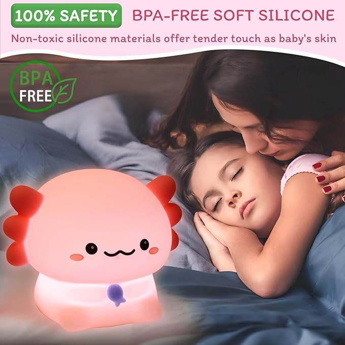 Axolotl Night Light for Kids - 3-Level Dimmer & Auto-Off Timer, Child-Safe Silicone Lamp, USB-C Rechargeable Nursery Light for Bedroom Breastfeeding (Squishy Animal)