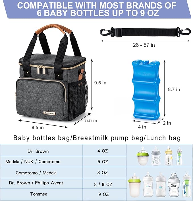 Breastmilk Cooler Bag with Ice Pack Fits 6 Baby Bottles up to 9 Ounce, Breast Milk Pump Cooler Bag for Nursing Mom Daycare, Work, Travel-Dark Grey