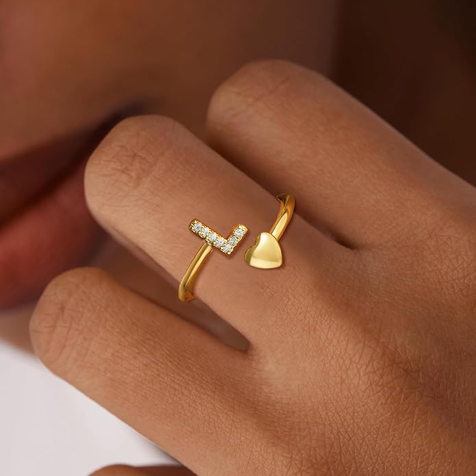 Gold Initial Rings for Women Girls, Dainty 14K Gold Plated Adjustable Initial Rings Cute Heart Zirconia Ring for Women Teen Girl Gifts