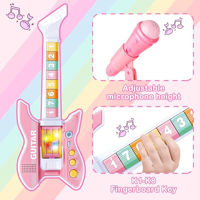 deAO Kids Guitar and Microphone Set with Stand Adjustable Height Music Light Karaoke Music Toys Christmas Birthday Gift for Kids Boys Girls (Pink)
