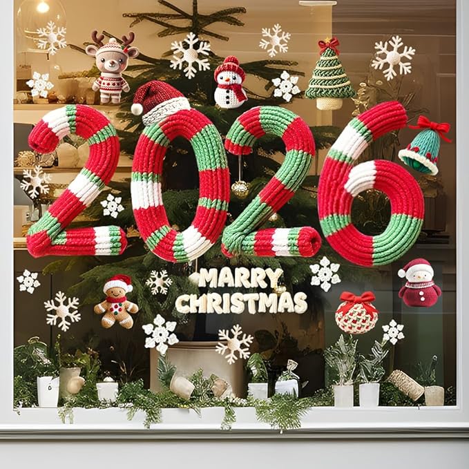 Christmas Window Stickers Clings Cute Christmas Snowman＆Hat Snowflake Winter Cartoon Knitting Wool Pattern Window Decal Decoration Glass Windows Sticker for Xmas 2026 New Year Party Decor Accessories