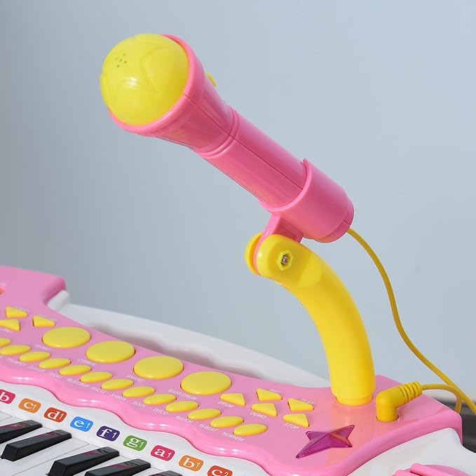 Qaba Kids Toy Keyboard Piano Toddler Electronic Instrument with Stool, Microphone and Bright Flashlight for Children Birth Gift, Pink