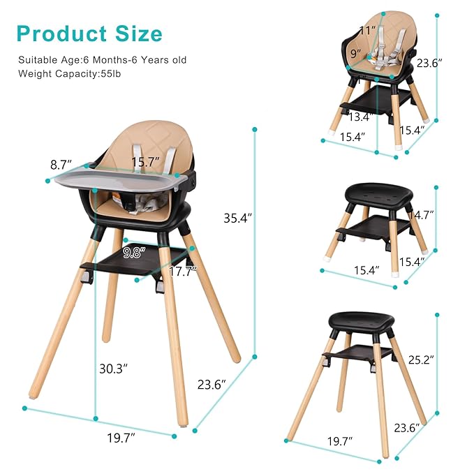High Chair, 6 in 1 Wooden Convertible High Chairs for Babies and Toddlers, Booster Seat with Double Tray & Reversible Footrest Baby Highchair, 5-Point Harness Baby Feeding Chair, Black