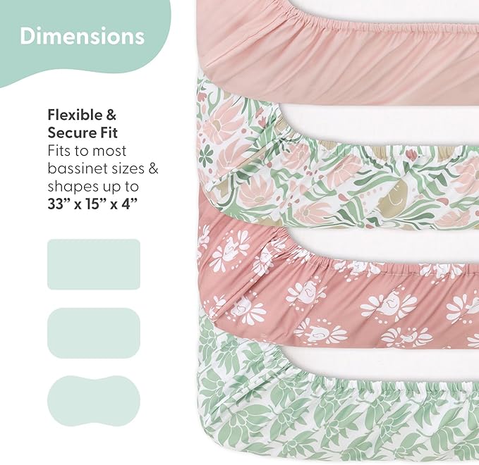 The Peanutshell Baby Bassinet Sheets 4-Pack for Girl - Soft, Oval & Fitted Baby Girls Sheet, Rectangle, Fitted Covers for Crib, Halo Bassinet Mattress - Botanical Garden