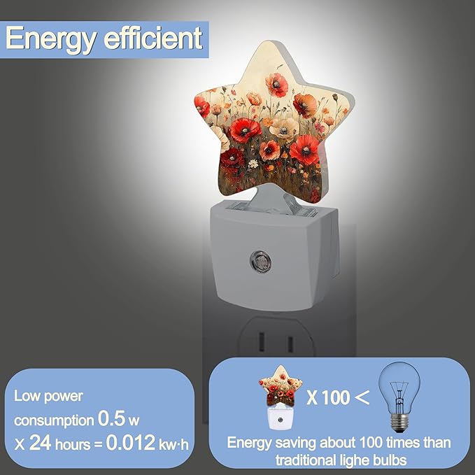 Night Light,Red Poppy Flower Plug into Wall with Dusk to Dawn Light Sensors,Vintage Floral Warm Star Nightlights for Bedroom,Bathroom,Hallway,Kitchen Home Decor Desk Lamp