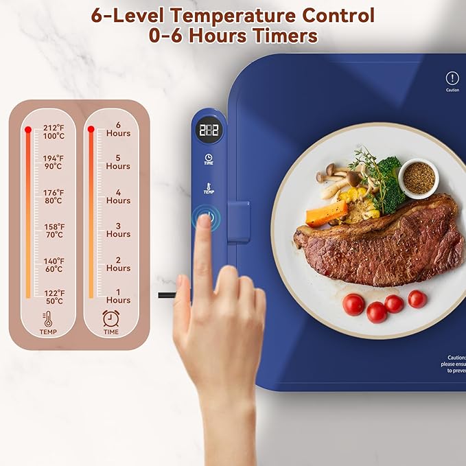 Upgrade Graphene Food Warming Mat - Full Surface Rapid Heating Electric Warming Tray for Countertop, Waterproof Food Warmers for Parties Buffet with 6 Temp Modes, Gifts for Mom (Blue)