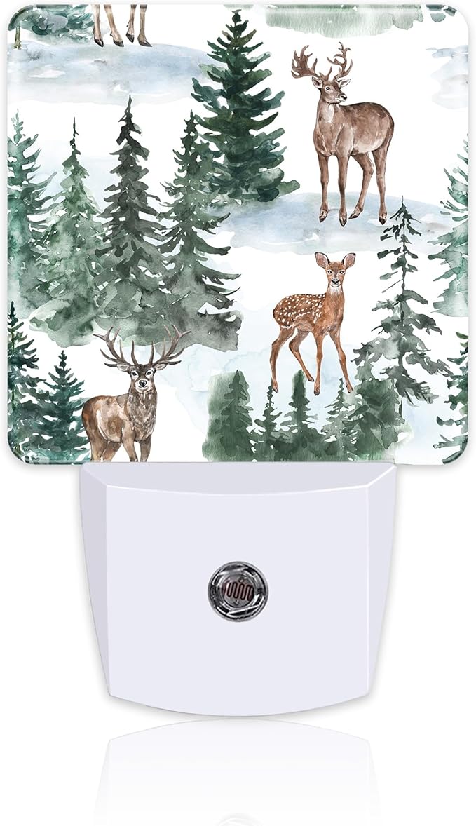 Winter Deer and Snowy Forest Night Light for Kids,Christmas Pine Trees Deer Night Light Plug in with Dusk to Dawn Sensor,0.5w Energy Saving Nightlight for Hallway Stairway Kitchen Bedroom