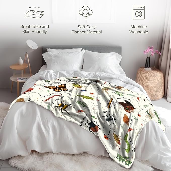 Insects Blanket Gifts for Women, 50"*60" Blanket Gift for Boys Girls Birthday Christmas Thanksgiving, Insect Bug Decor, Entomology Gifts for Kids Who Love Bugs