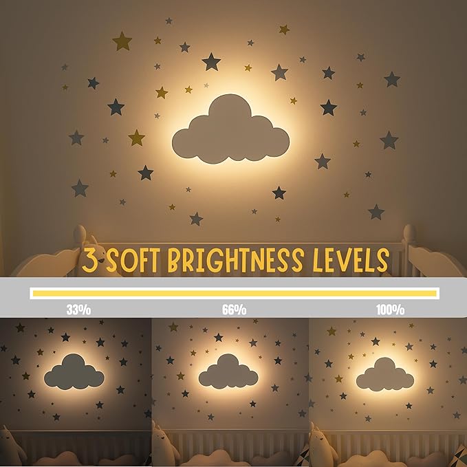 Nursery Night Light – Dimmable Cloud Wall Light for Kids and Baby Room Decor – Rechargeable LED Light with Touch Control for Bedtime Routines (Star Decals Included)