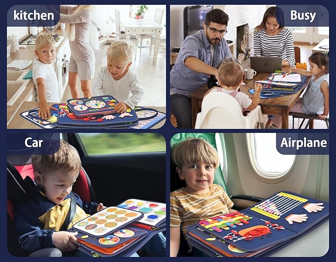 16 Pages Busy Board for Toddlers 1-3,Montessori Travel Toy for Plane/Car,Educational Sensory Toy for Toddlers 2-4,Preschool Activities Board for Developing Fine Motor Skills,Gift for Boys/Girls